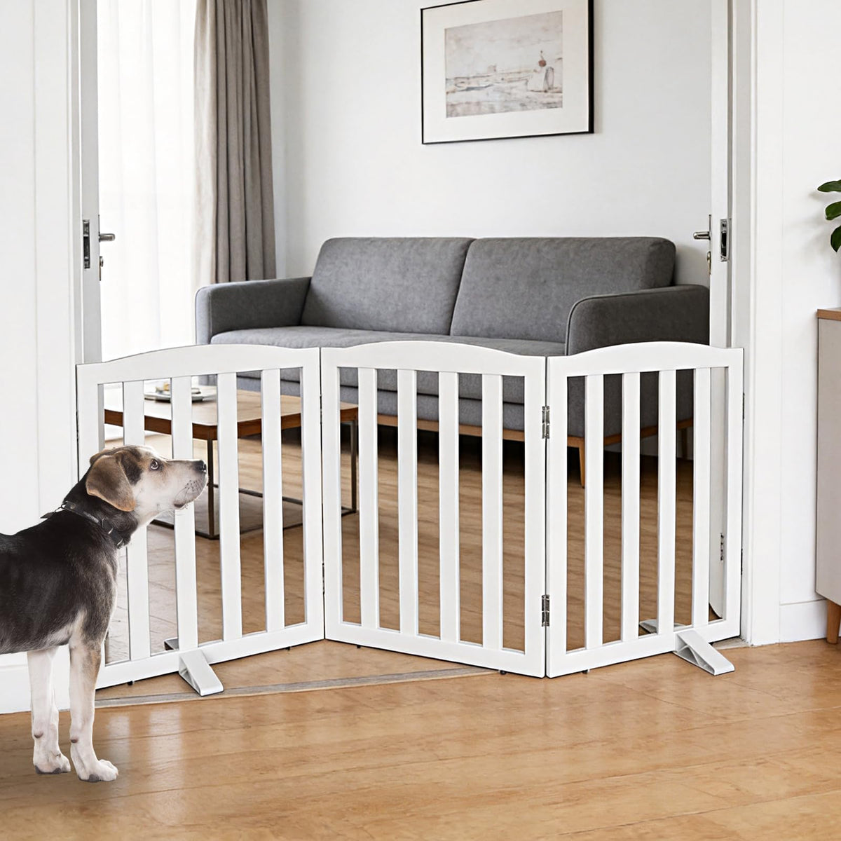 Freestanding Dog Gate Indoor,Doggie Gate Foldable Pet Gates for Doorways,Stairs or Hallways, Wooden Brown Pet Gate for the House, Pet Fence with Support Feet Included,24 "Height-2 Panels