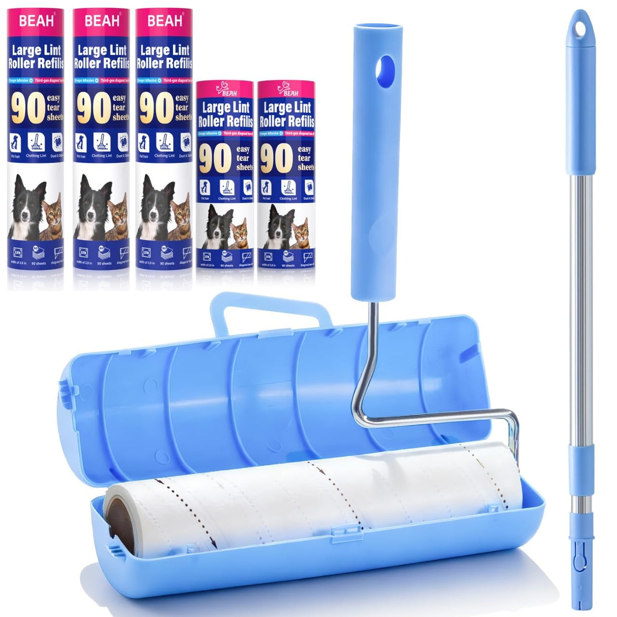 Lint Roller for Pet Hair Extra Sticky,10 Years Lifespan,9.45''/6.3" Pet Hair Removal Tool Roller for Pet Dog Cat Hair (1 Roller+4 Long Rolls 1 Short roll)