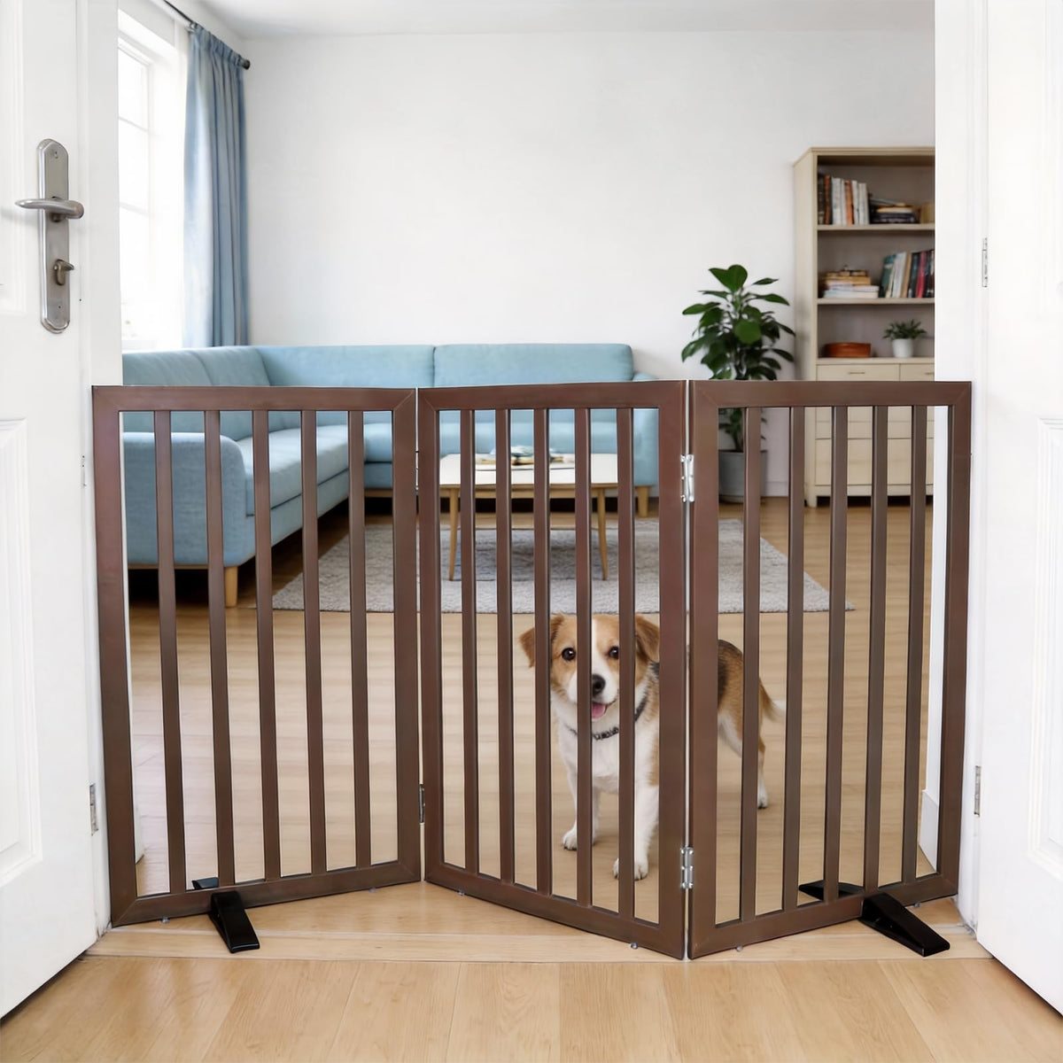 Dog Gate Indoor, Freestanding Dog Fence for The House, Doorways, Hallways,or Stairs,Pet Gate Foldable Wooden,Expandable 24" Height 3 Panels,Brown