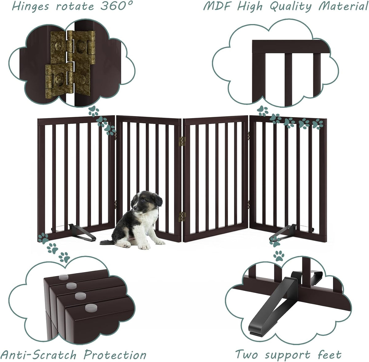 Wooden Dog Gate Freestanding Foldable 4 Panel Pet Gates Extra Wide Dog Gates for Indoor Doorways Stairs 24in Height Support Feet Included