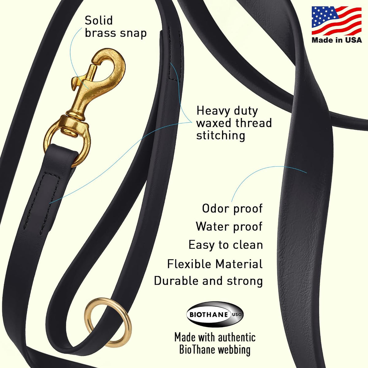 Viper Biothane K9 Working Dog Leash Waterproof Lead for Tracking Training Schutzhund Odor-Proof Long Line with Solid Brass Snap for Puppy Medium and Large Dogs 6ft, Black