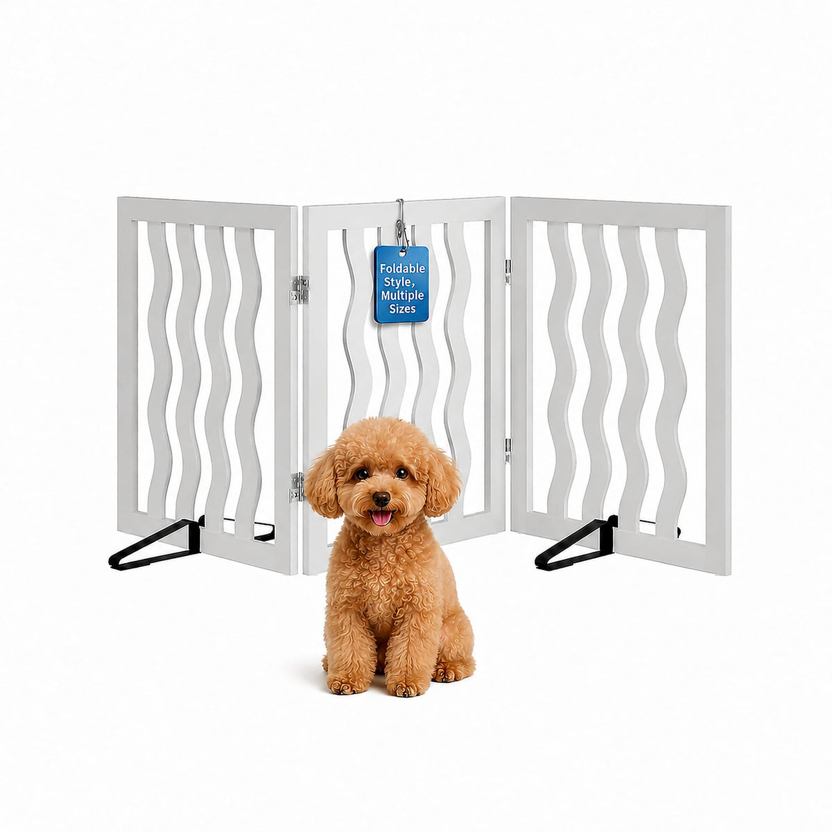 Semiocthome Dog Gate Wooden 360° Foldable 24 Inch Height Freestanding Pet Safety Gate with 2 Metals Stands for Puppy Indoor House Use (Brown, 2-Panel, Rounded Corner Pattern)
