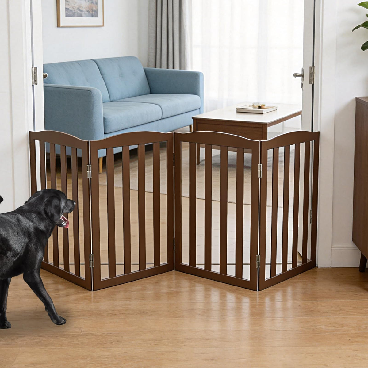Freestanding Dog Gate Indoor,Doggie Gate Foldable Pet Gates for Doorways,Stairs or Hallways, Wooden White Pet Gate for the House, Pet Fence with Support Feet Included,24 "Height-3 Panels