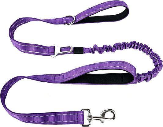 Bungee Dog Leash 5FT-6FT Shock Absorbing, Heavy Duty Tactical Dog Lead with Padded Double Handles, Car Seat Belt, No Pull Reflective Training Leashes for Medium Large Dogs (Purple)