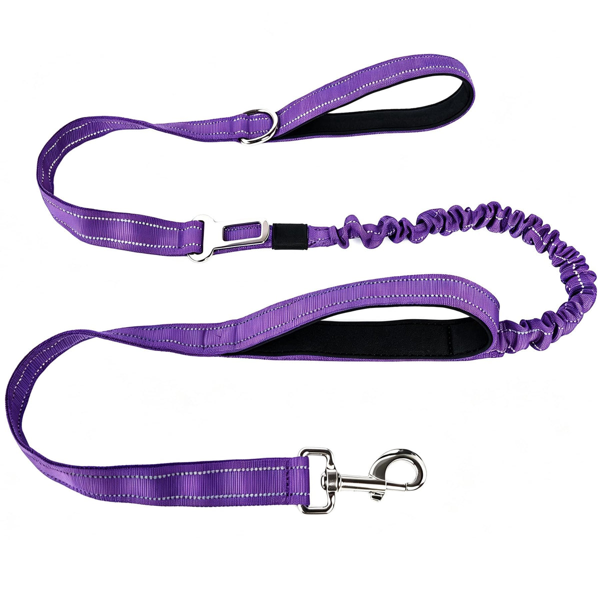 Bungee Dog Leash 5FT-6FT Shock Absorbing, Heavy Duty Tactical Dog Lead with Padded Double Handles, Car Seat Belt, No Pull Reflective Training Leashes for Medium Large Dogs (Purple)