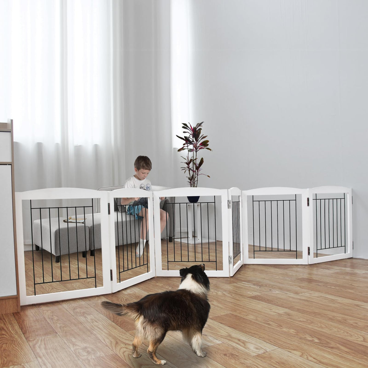 ZJSF Freestanding Foldable Dog Gate for House Extra Wide Wooden White Indoor Puppy Gate Stairs Doorways Pet Gate Tall Dog Fence 3 Panels Fence