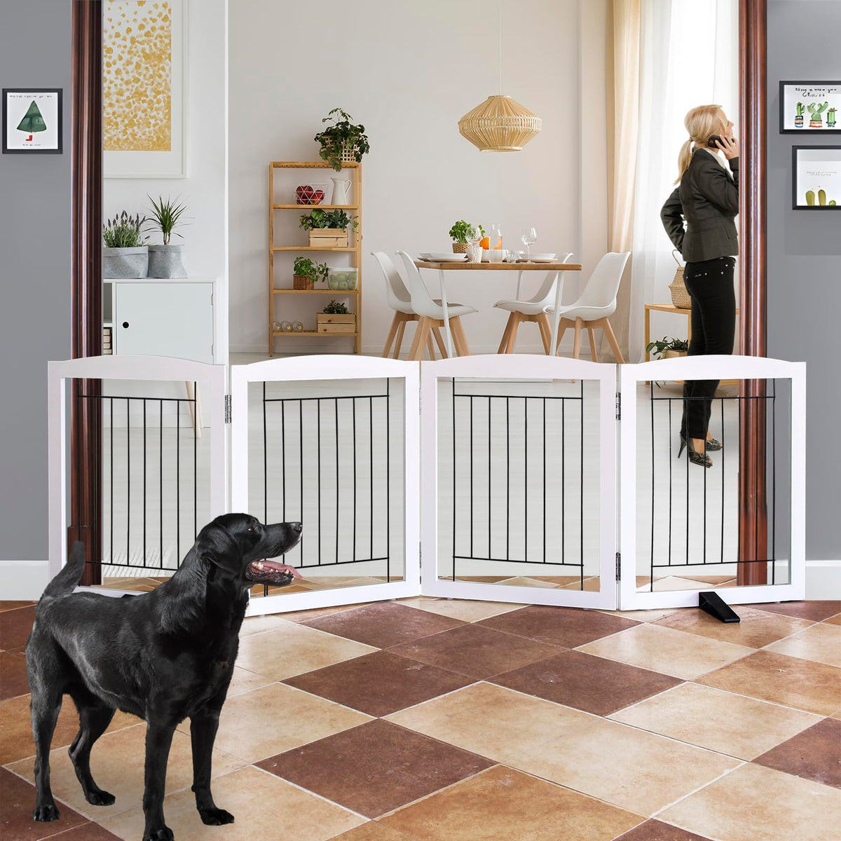 ZJSF Freestanding Dog Fence Indoor, Foldable Dog Gate for Doorways, Stairs or Hallways, Sturdy Wood Extra Wide Pet Gate with Support Feet for The House, White, 24 "Height-3 Panels