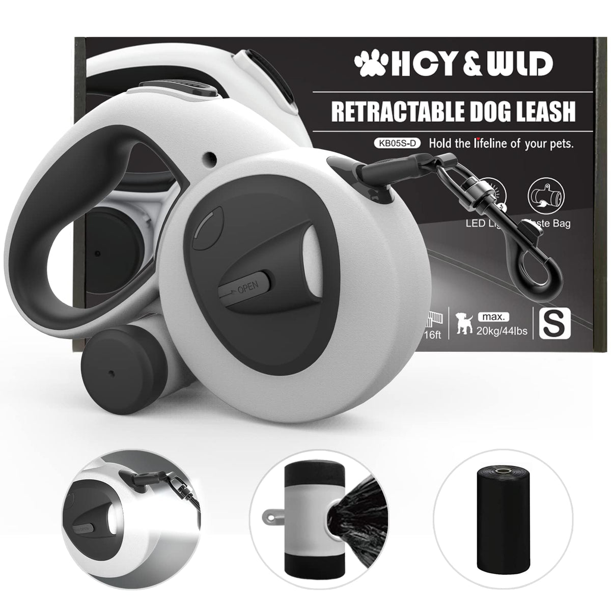 4-in-1 Retractable Dog Leash with LED Light & Dispenser & Poop Bags