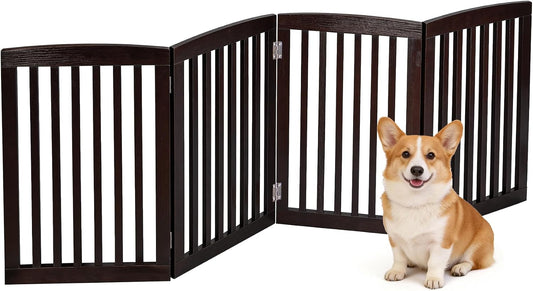 ZENY Freestanding Pet Gate for Dogs - 4 Panels Indoor Foldable Dog Fence for Stairs, Hallways, or Doorways - 82x24-Inch Freestanding Dog Gates, Brown
