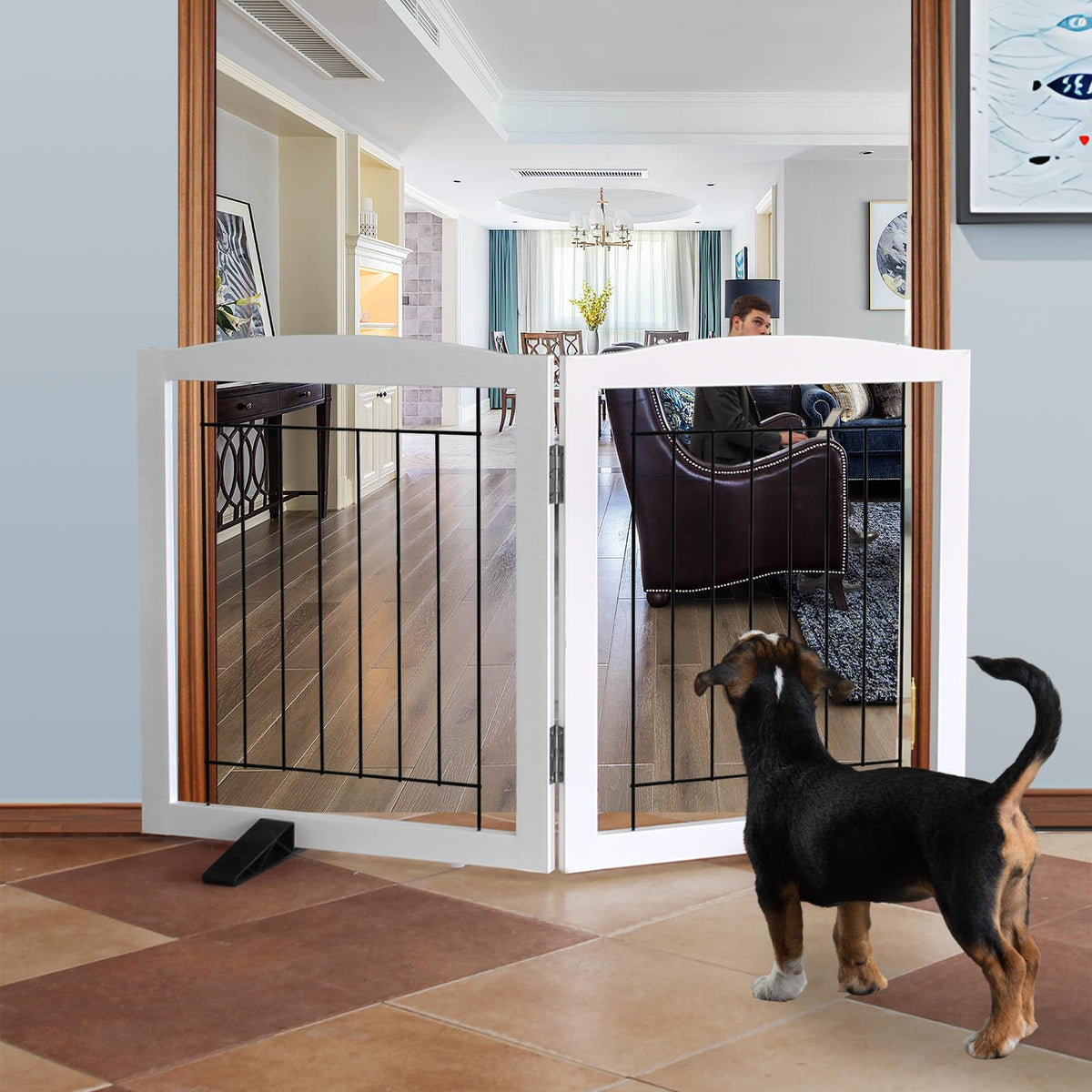 ZJSF Freestanding Dog Fence Indoor, Foldable Dog Gate for Doorways, Stairs or Hallways, Sturdy Wood Extra Wide Pet Gate with Support Feet for The House, White, 24 "Height-3 Panels