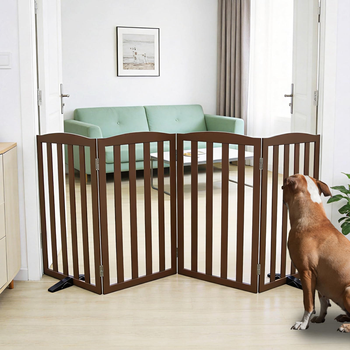 Freestanding Dog Gate Indoor,Doggie Gate Foldable Pet Gates for Doorways,Stairs or Hallways, Wooden Brown Pet Gate for the House, Pet Fence with Support Feet Included,24 "Height-2 Panels