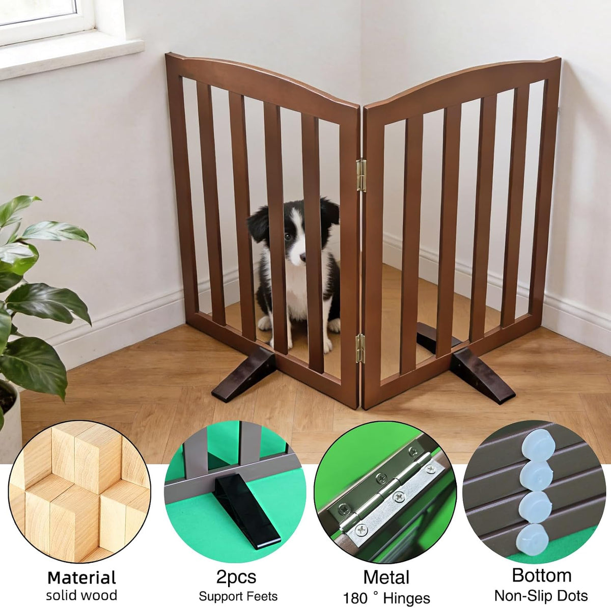 Freestanding Dog Gate Indoor,Doggie Gate Foldable Pet Gates for Doorways,Stairs or Hallways, Wooden Brown Pet Gate for the House, Pet Fence with Support Feet Included,24 "Height-2 Panels