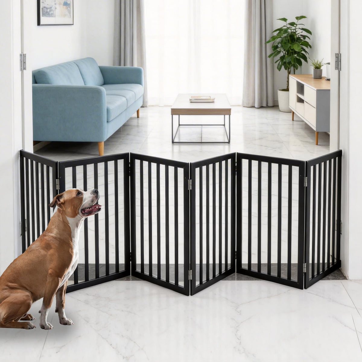 Dog Gate Indoor, Freestanding Dog Fence for The House, Doorways, Hallways,or Stairs,Pet Gate Foldable Wooden,Expandable 24" Height 3 Panels,Brown