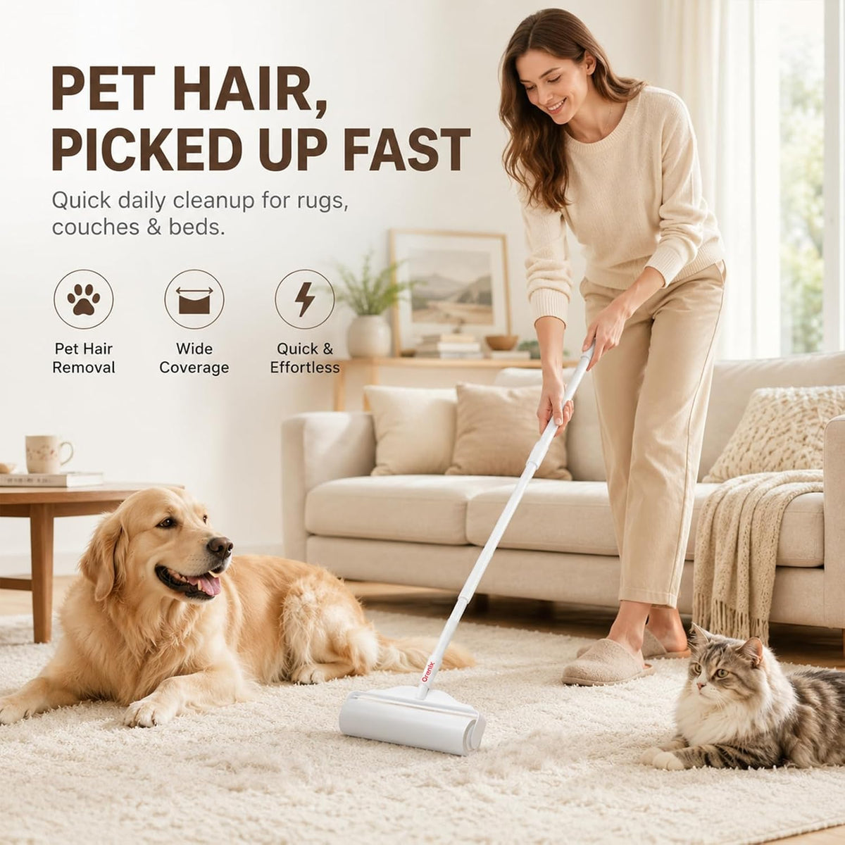 Long Handle Extra Sticky Large Lint Roller for Pet Hair, 6 Rolls 600 Sheets
