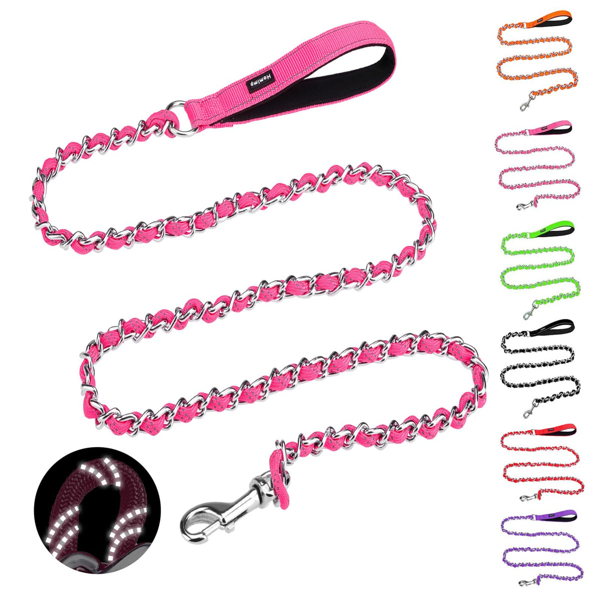 HOMIMP Chew Proof Dog Leash for Medium Large Dogs, Reflective 6 FT Heavy Duty Metal Chain Dog Leashes with Soft Padded Handle, Anti Bite Durable Rope Leashes for Pitbull, Non Chewable