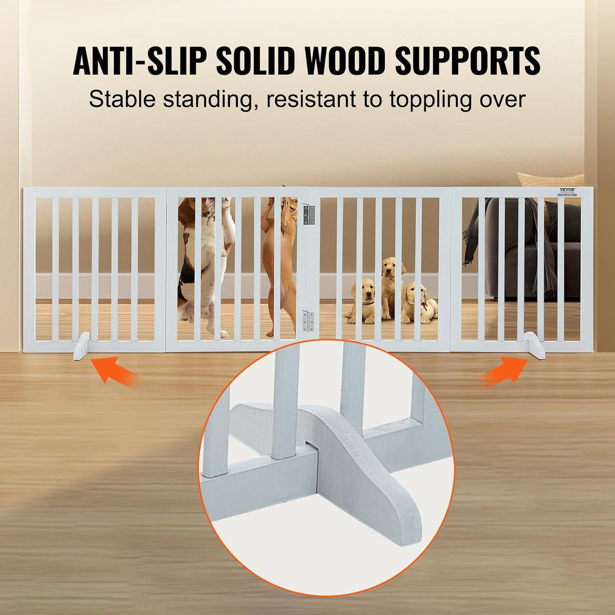 VEVOR Freestanding Pet Gate, Wooden 24" H x 80" W, 4-Panel Foldable Gate for Wide & Narrow Passageways, Expandable Dog Barrier with Silent Foot Support, White