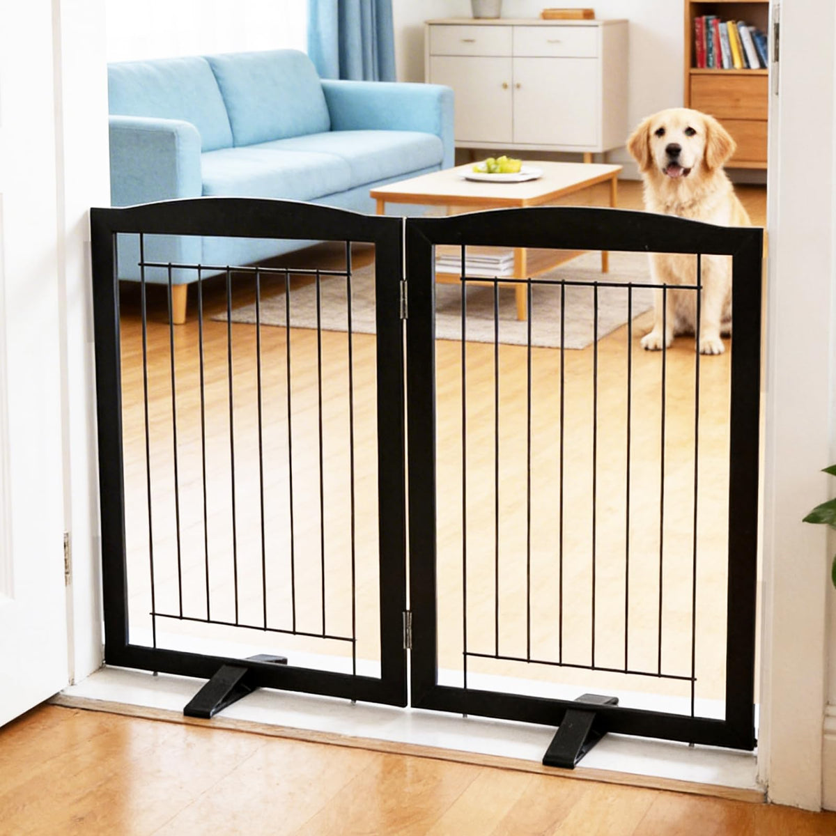 ZJSF Freestanding Dog Fence Indoor, Foldable Dog Gate for Doorways, Stairs or Hallways, Sturdy Wood Extra Wide Pet Gate with Support Feet for The House, White, 24 "Height-3 Panels