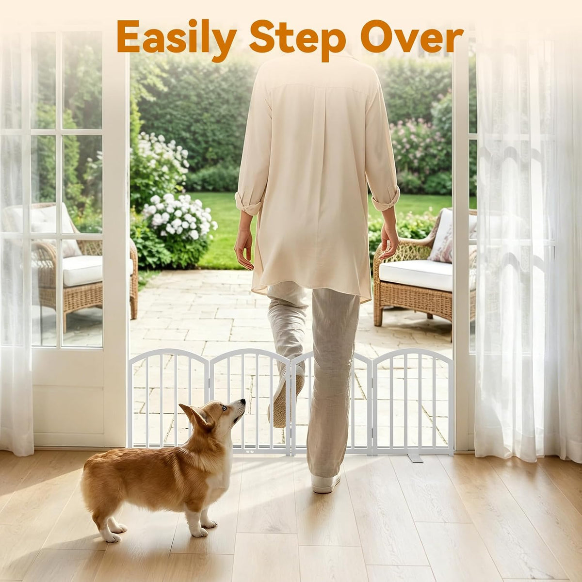 SNUOWU 16 Inch Full Metal Freestanding Short Dog Gate for Small Dogs, Foldable 4-Panel Pet Barrier, Expands Up to 48" Wide, Indoor Safety Fence for Doorway, Home & Stairs, White