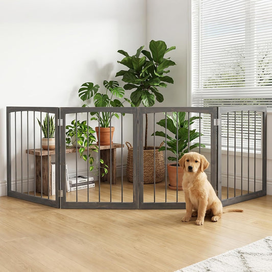 PETSITE 4-Panel Wooden Pet Gate, Free Standing 30-inch Foldable Dog Gate