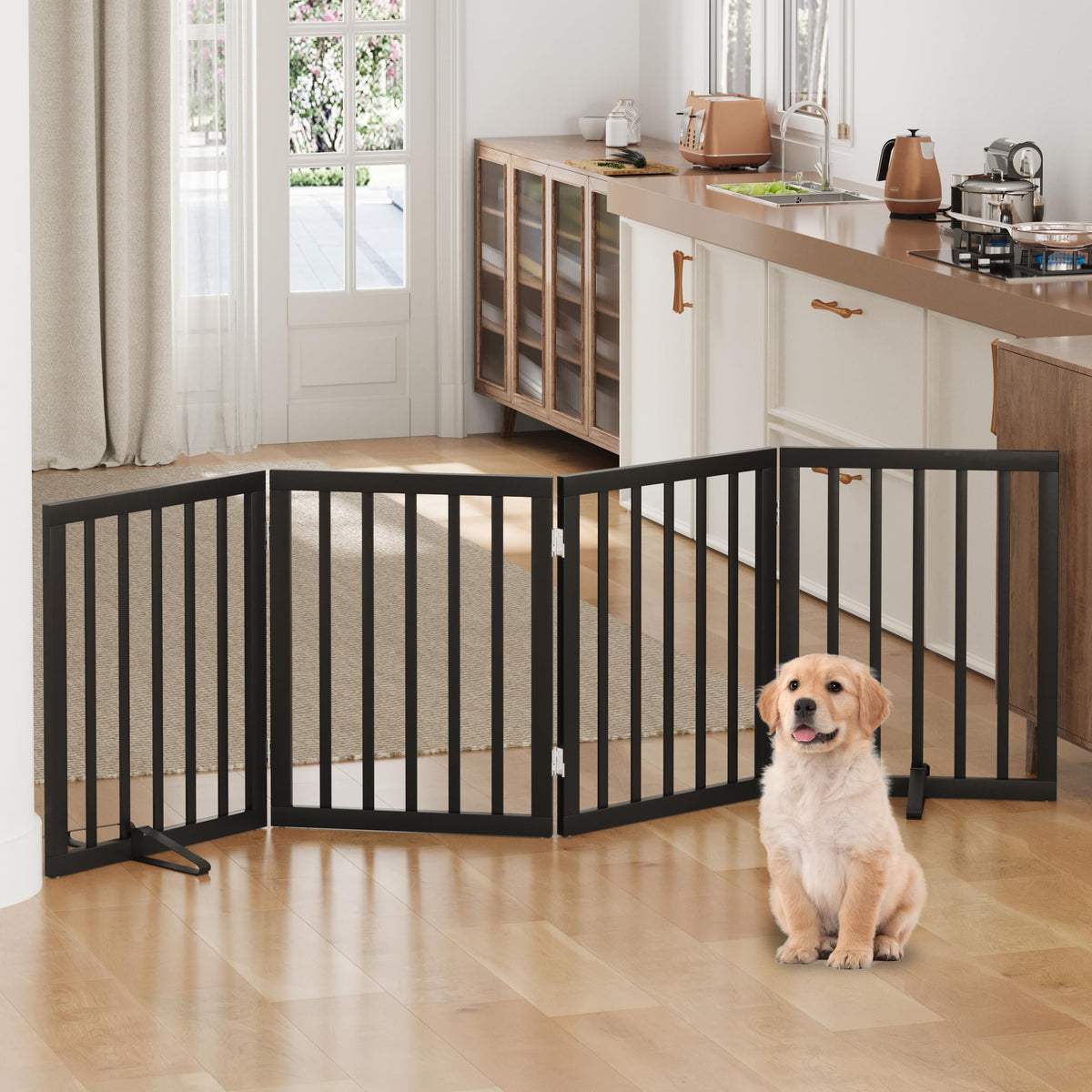 Dog Gates for Doorways, Tall Dog Gate Indoor, Foldable Pet Gates for Doorways Bedroom, Freestanding Puppy Gate with Metal Support Feet, Room Divider,3 Panels (Walnut)