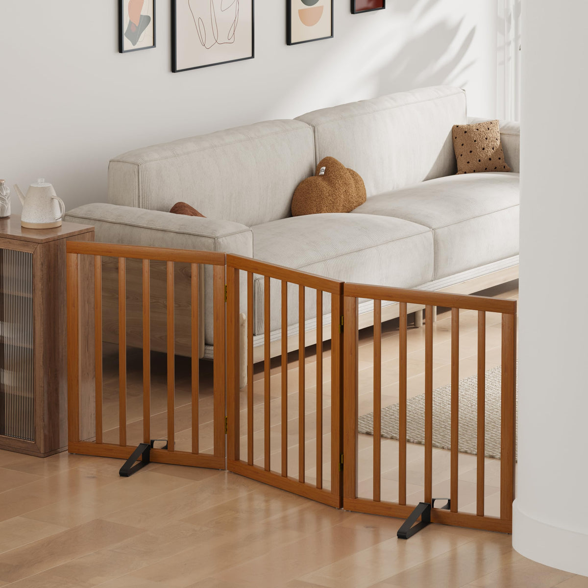 Dog Gates for Doorways, Tall Dog Gate Indoor, Foldable Pet Gates for Doorways Bedroom, Freestanding Puppy Gate with Metal Support Feet, Room Divider,3 Panels (Walnut)