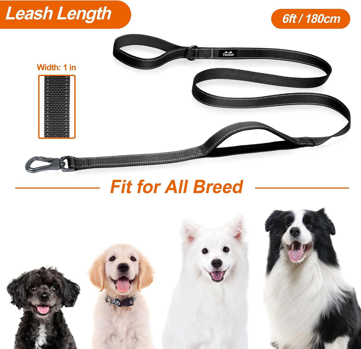 Twoear 6FT 1IN Heavy Duty Dog Leash for Large Dogs with 2 Padded Handles