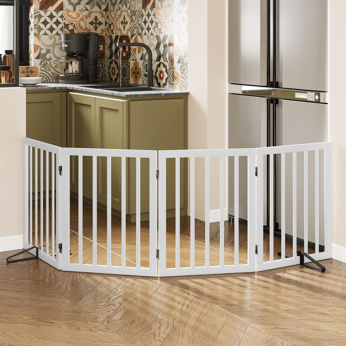 Wooden Dog Gate Freestanding Foldable 4 Panel Pet Gates Extra Wide Dog Gates for Indoor Doorways Stairs 24in Height Support Feet Included