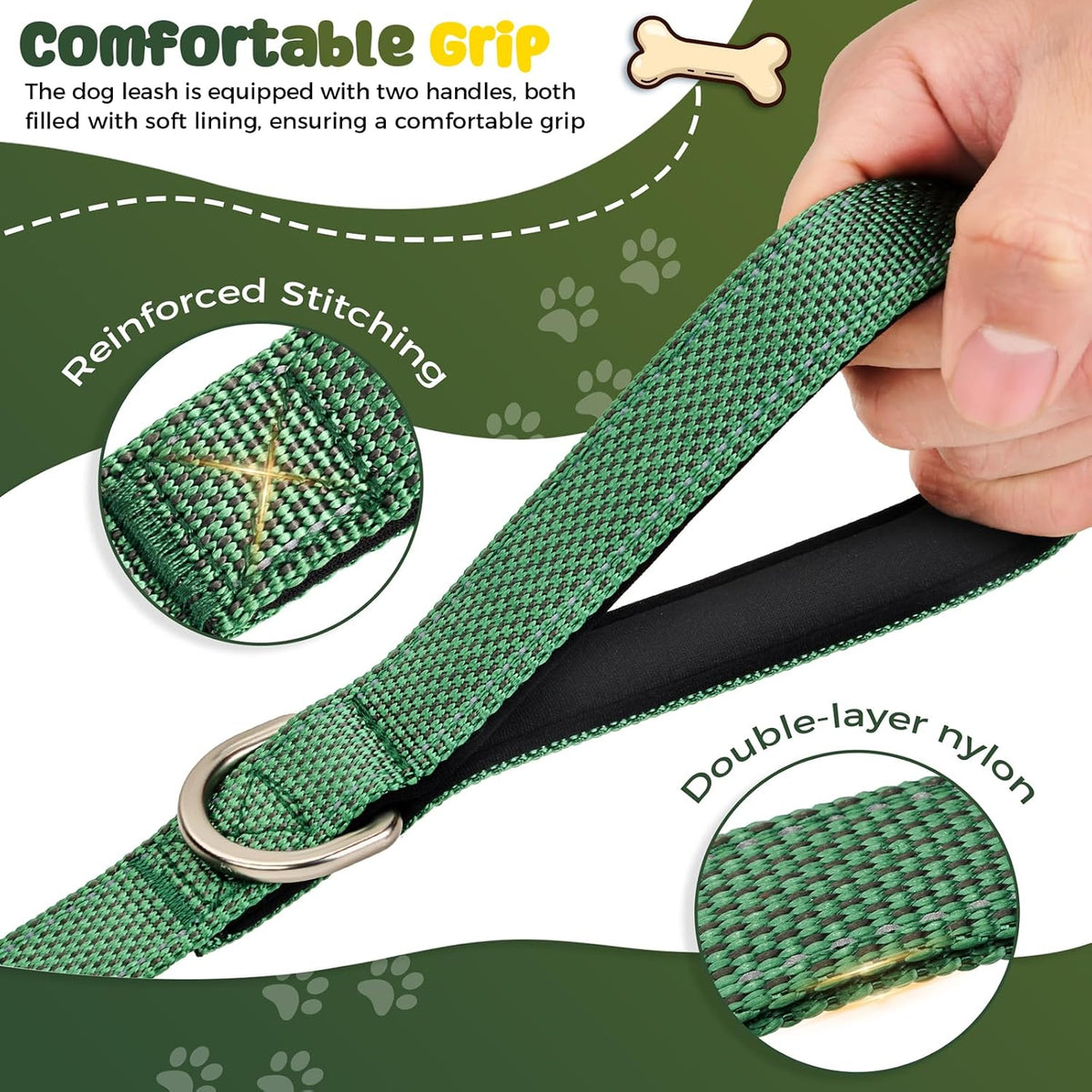Heavy Duty Dog Leash with Easy Lock Metal Clip, Reflective, Padded Handle - Durable 4ft Walking Training Green Leash for Large, Medium, Small Dogs, Jogging, Hiking, and Outdoor Use