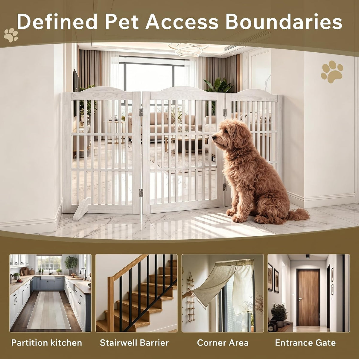Wooden Freestanding Pet Gate, 3-Panel, 30" Tall, White