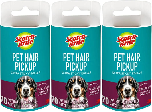 Scotch-Brite Pet Hair Pickup Extra Sticky Lint Roller Refills, Refills Only, 50% Stickier, 4 in x 36.2 ft Each, 70 Sheets Per Refill, 3 Pack, 210 Total Sheets