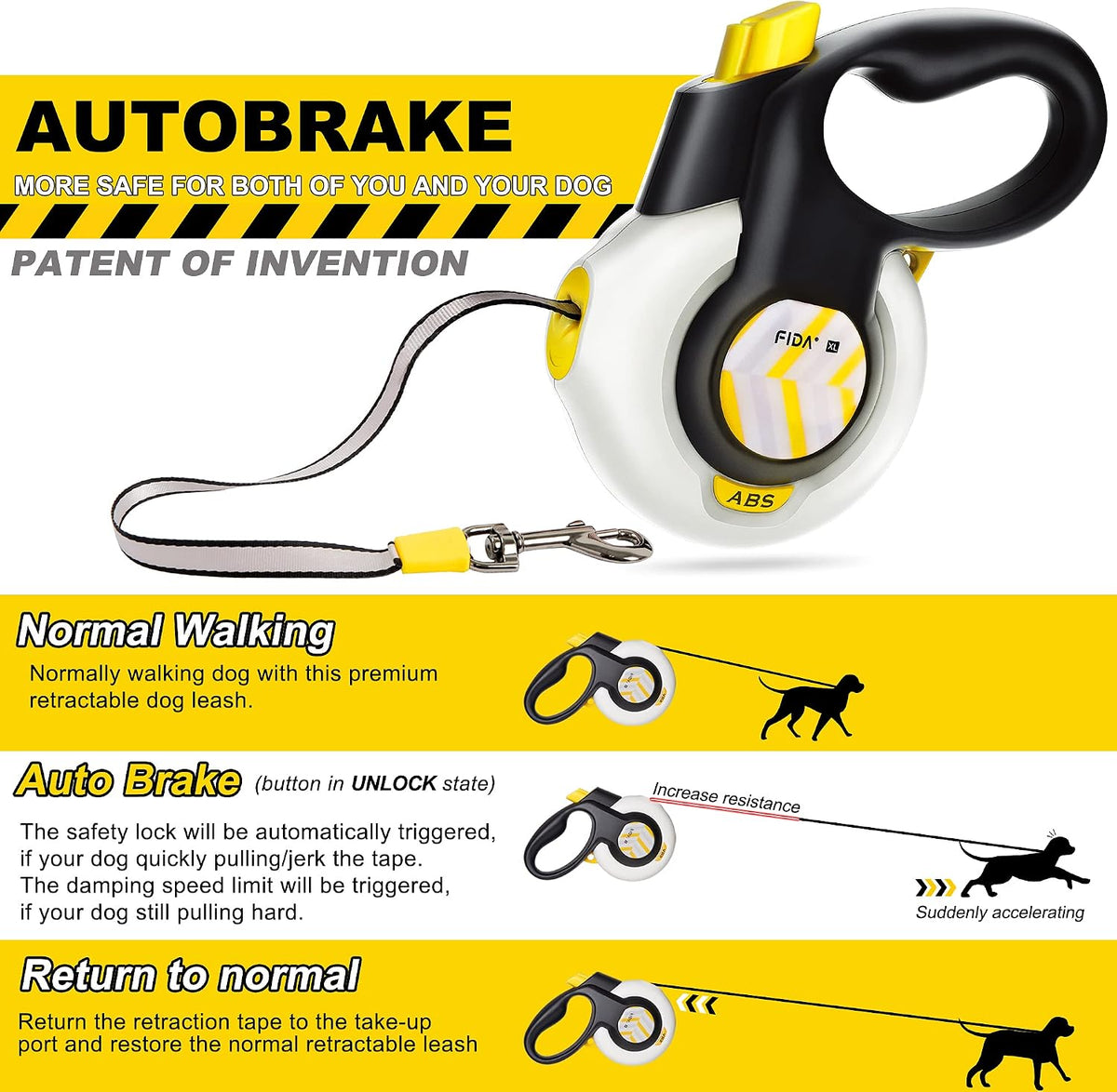 Fida AutoBrake Heavy Duty Retractable Dog Leash, 16 ft, for Dogs that Pull