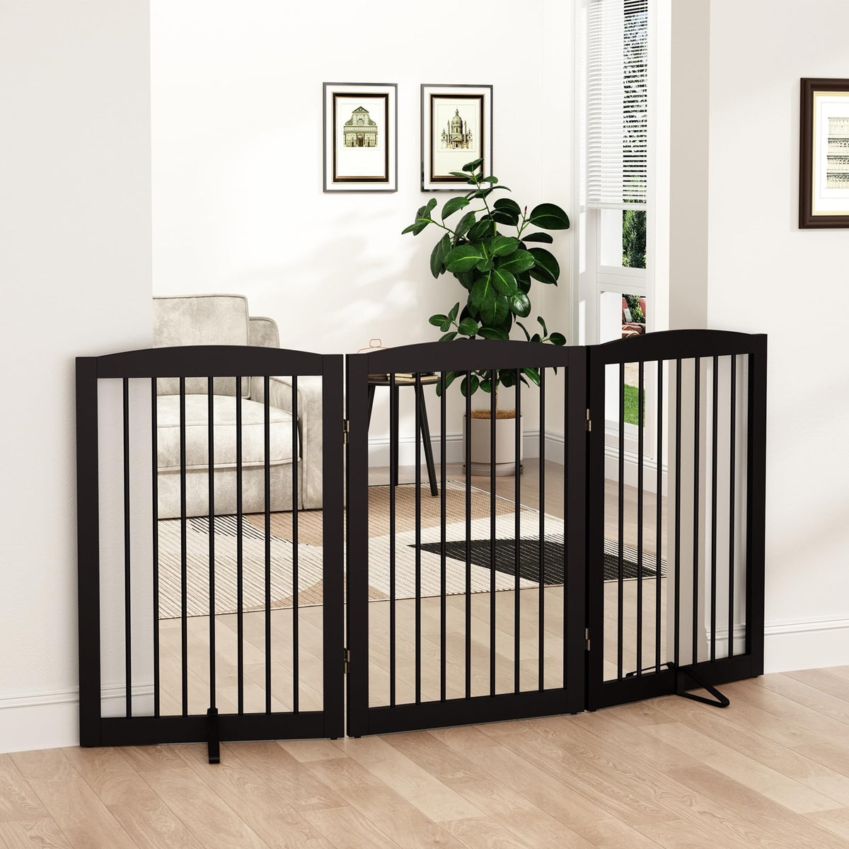 PUPETPO Freestanding Pet Gate for Dogs, Foldable Wooden Dog Gate for House, Indoor Pet Barrier for Stairs, Doorways, Support Feet Included, 24" Height 2 Panels, White
