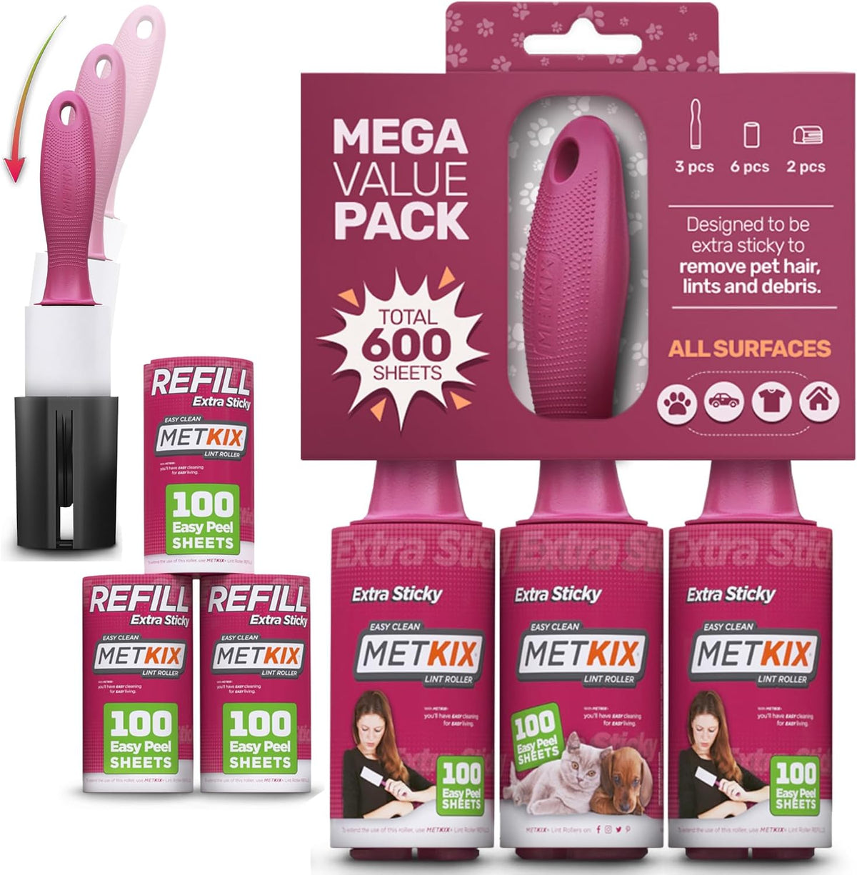 Lint Rollers for Pet Hair Extra Sticky | Protective Covers | Mega 600 Sheets Dog Cat Pet Hair Remover | Lint Roller for Clothes Sofa Bed Carpet and More | Lint Roller Refills