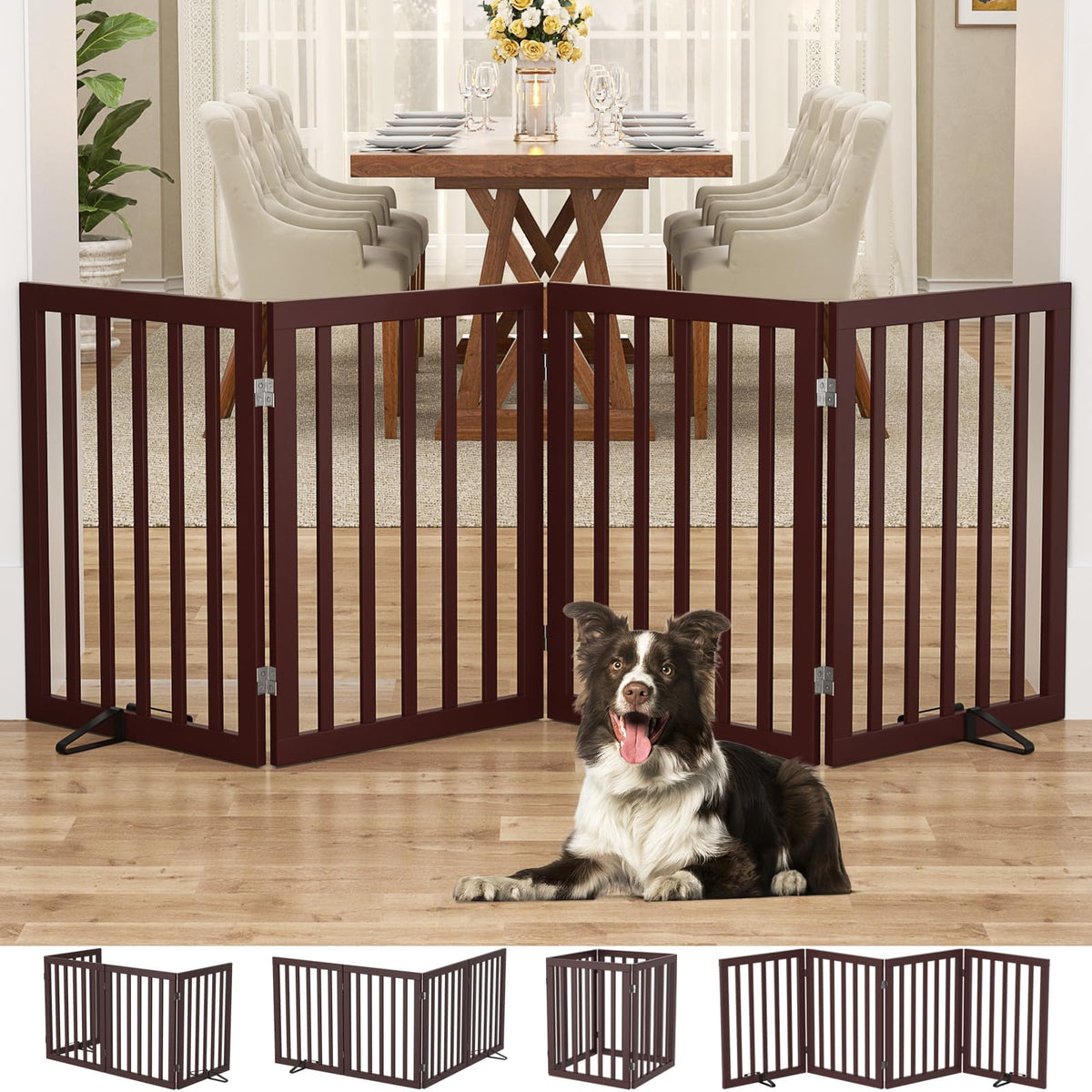 Homykic Freestanding Dog Gate Indoor, 75”W X 24”H Bamboo Pet Gate, Walnut