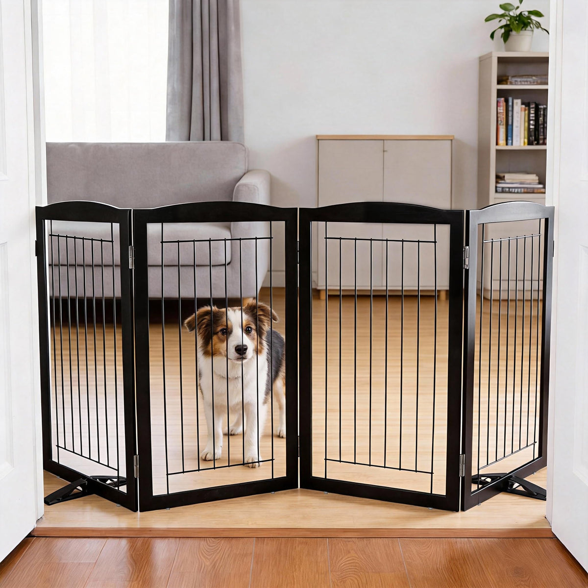 Dog Fence Indoor,Dog Gate Indoor for Doorway pet gate -3-Panel Freestanding, Hallways, House or Stairs -60x24-Inch Retractable Foldable Expandable Wood Pet by SFJC (Brown) ﻿