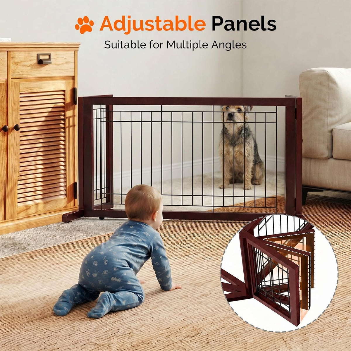 Bonnlo Free Standing Dog Gate, 39" - 68" Wide Pet Gate for Fireplace Stairs Doorways, Wooden Adjustable Pet Fence Indoor, Christmas Tree Gate (Cherry)