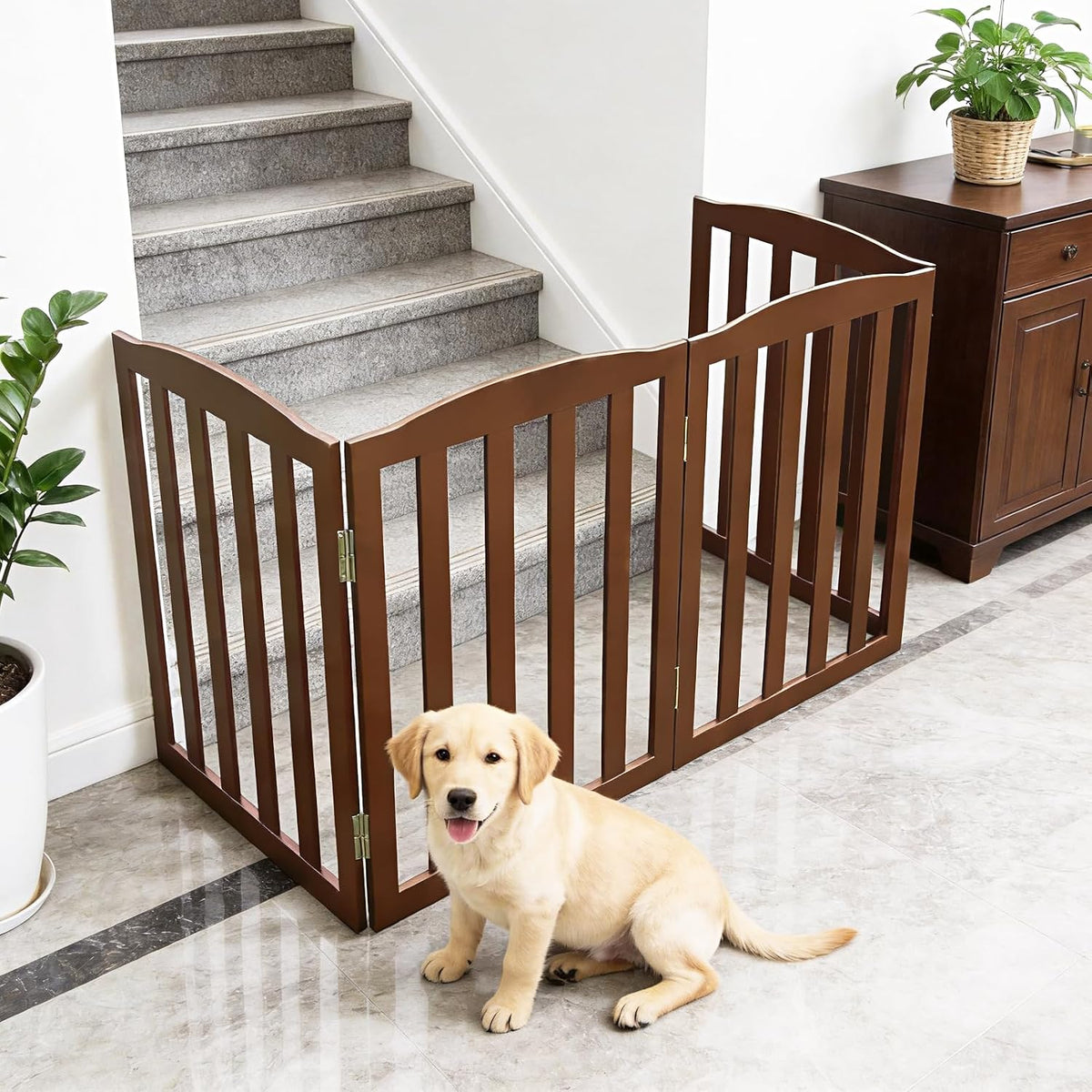 ZJSF Foldable Freestanding Indoor Dog Gate for House Wood White Long Pet Gates Dog Fence for Stairs Puppy Gates for Hallways, Puppy Gate,Support Feet Included, Brown, 24 "Height-3 Panels