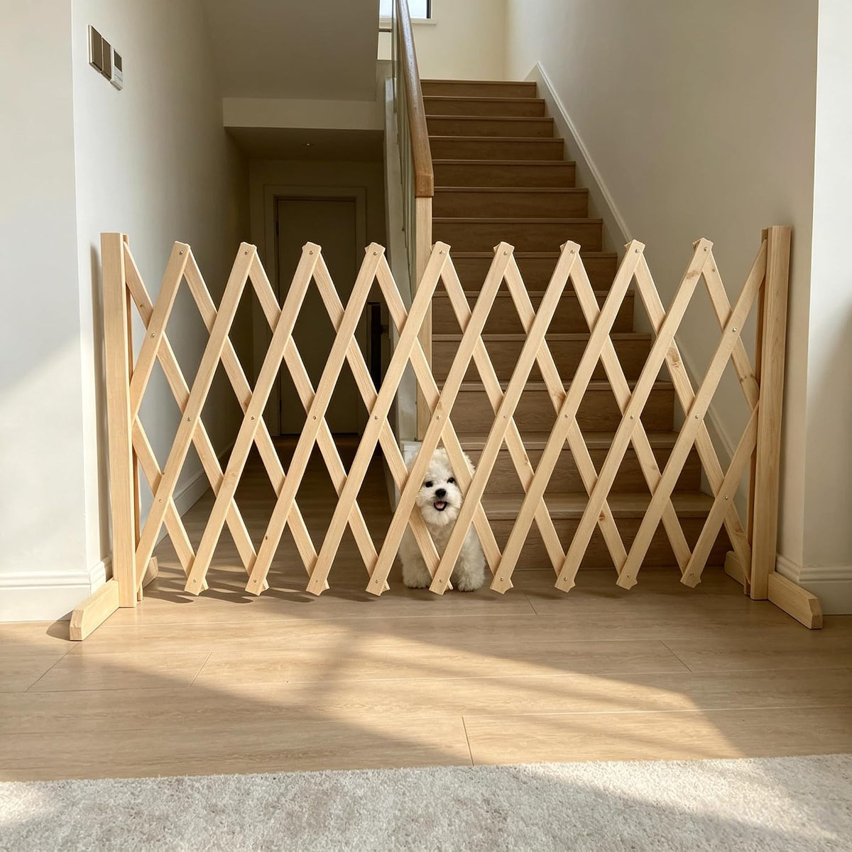 Expandable Wooden Dog Gate, Indoor Outdoor Dog Fence(Wood,L)