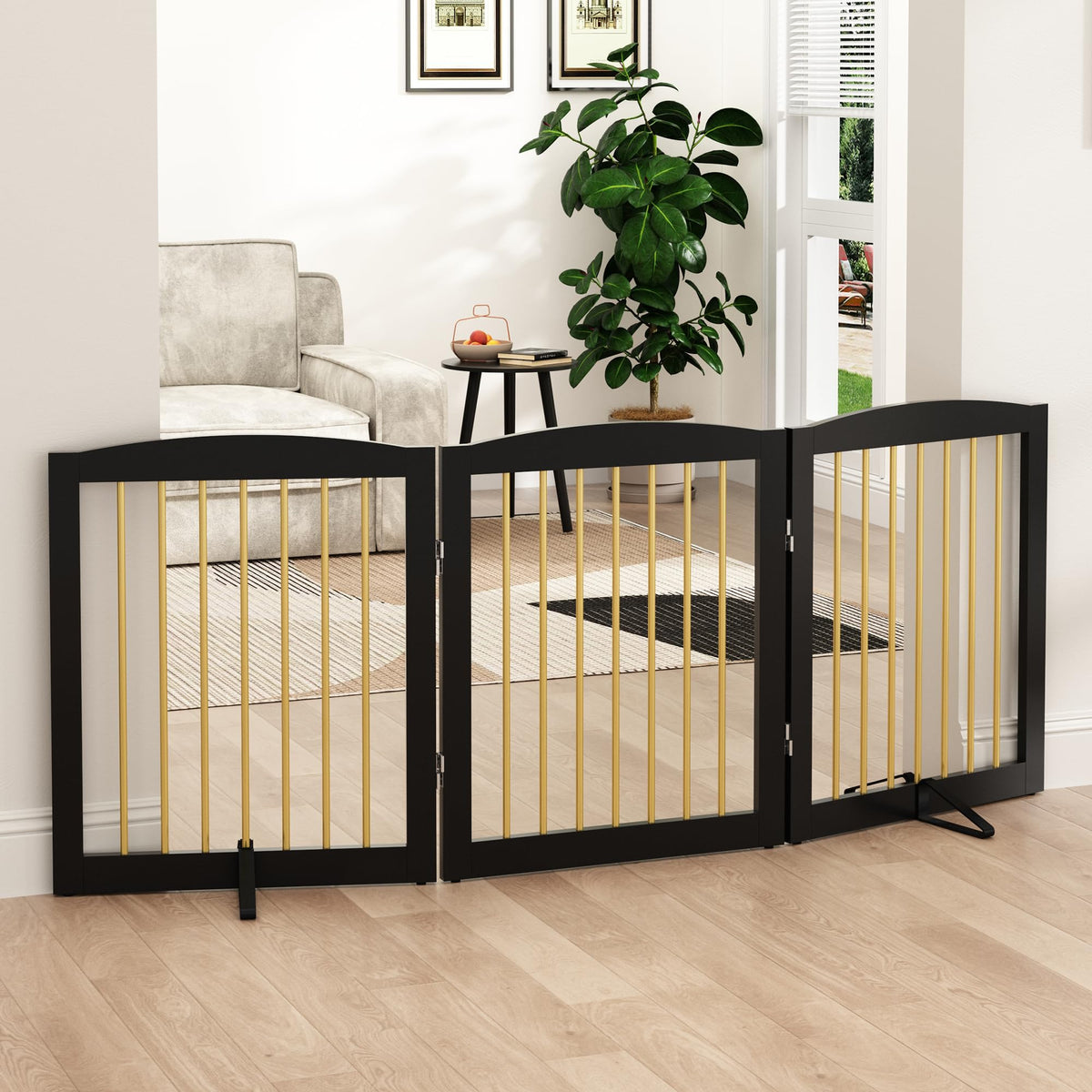 PUPETPO Freestanding Pet Gate for Dogs, Foldable Wooden Dog Gate for House, Indoor Pet Barrier for Stairs, Doorways, Support Feet Included, 24" Height 2 Panels, White