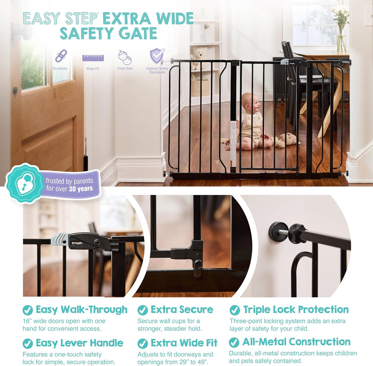 Regalo Safety 29"-49" Extra Wide Baby Gate, Bottom of Stairs & Doorways