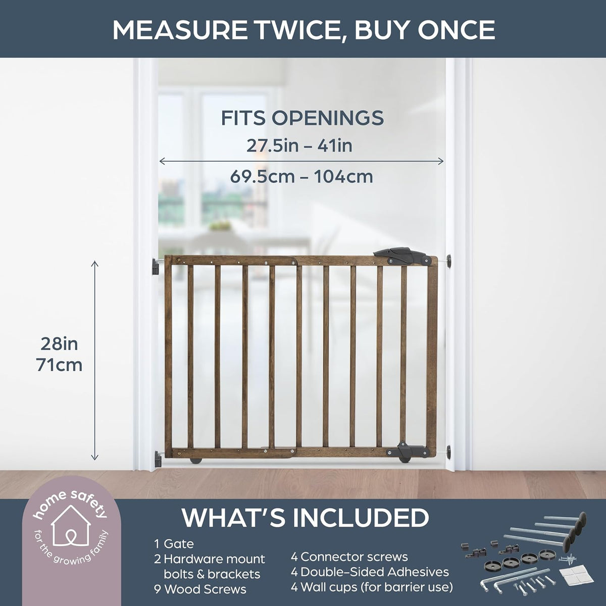 Nottingham Driftwood Wooden Baby Gate - Adjustable 27.5-41" Wide, 28in Tall – Hardware Mounted Swing Gate or Pressure Mounted Barrier - Kids & Pets Gate for Doorways, Hallways & Stairs