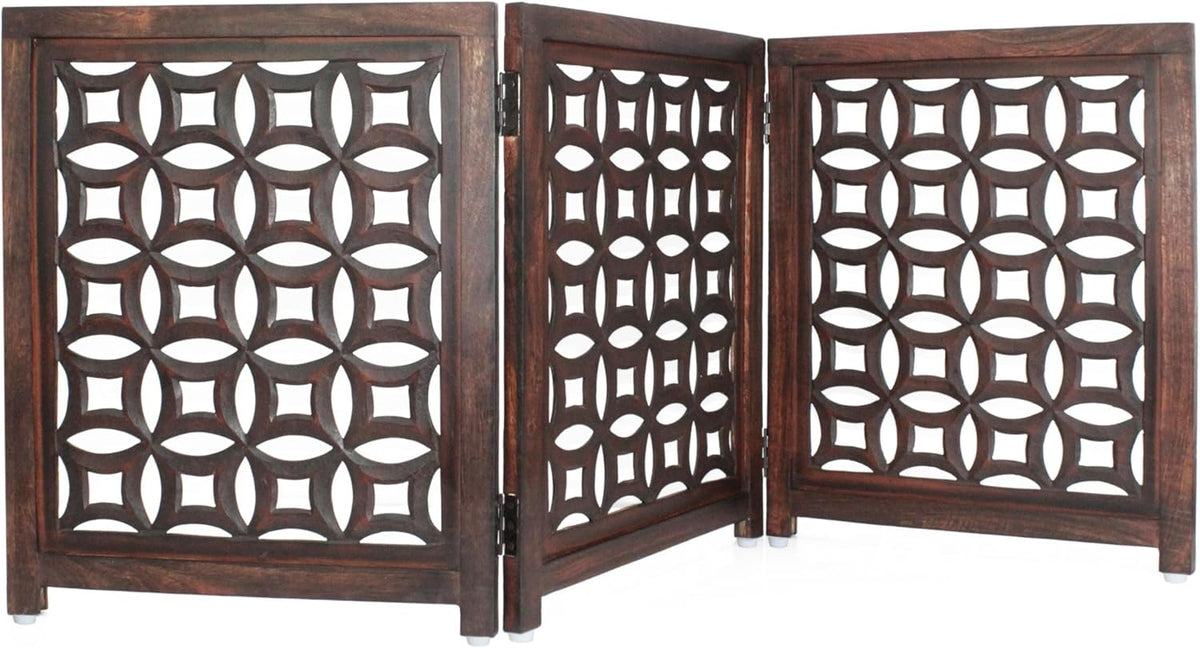 Wooden Foldable Pet Dog Gate - Hand Carved 3-Panel 60 W x 24 H