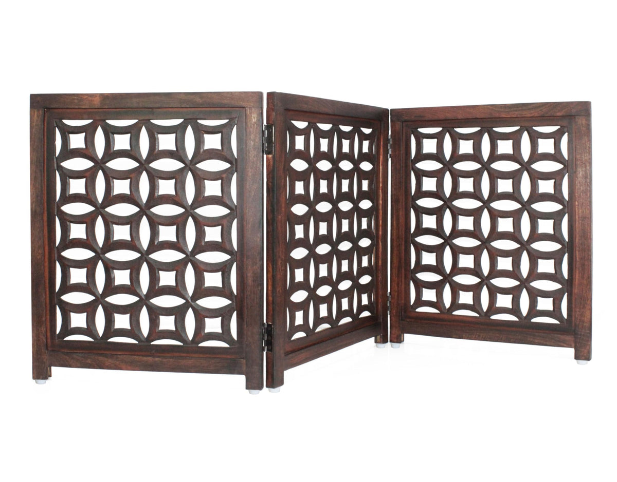 Wooden Foldable Pet Dog Gate - Hand Carved 3-Panel 60 W x 24 H