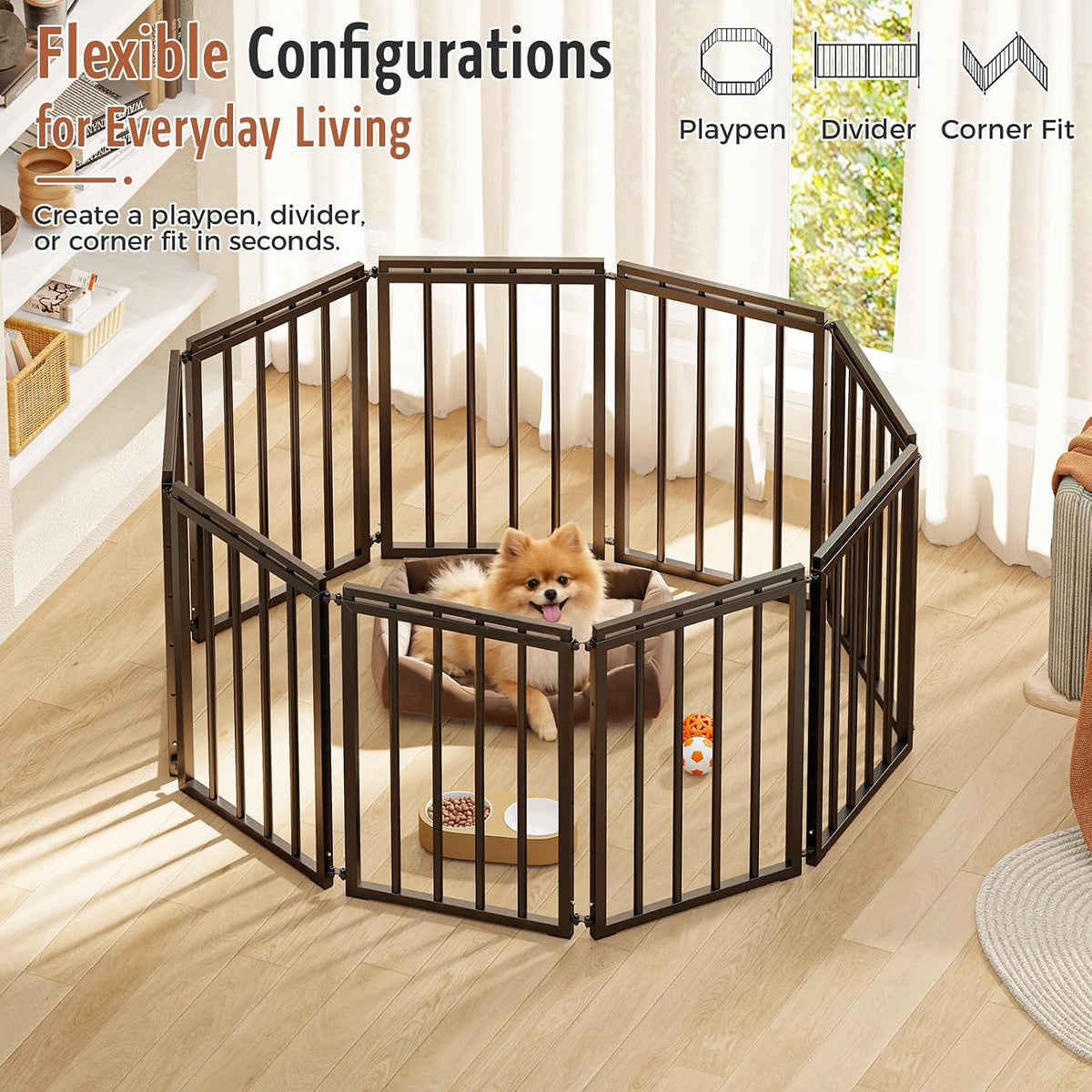 24~39.7" Adjustable Height Freestanding Dog Gate for Stairs 3-Panel Pet Gate for Stairs, Dog Fence Chewproof Steel Frame Baby Gate for Indoor Doorways, House, Porch, Deck, Yard (Black)
