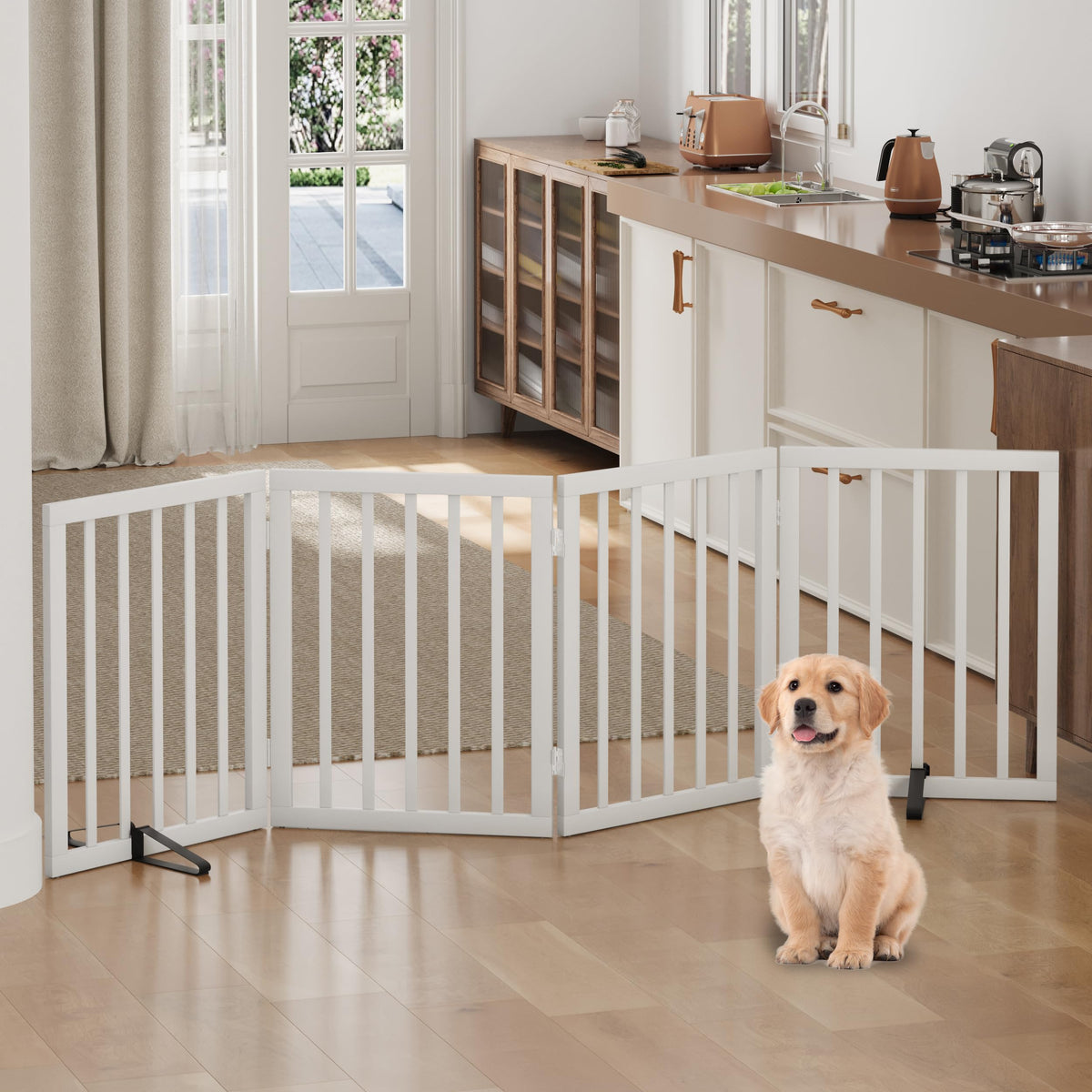Dog Gates for Doorways, Tall Dog Gate Indoor, Foldable Pet Gates for Doorways Bedroom, Freestanding Puppy Gate with Metal Support Feet, Room Divider,3 Panels (Walnut)