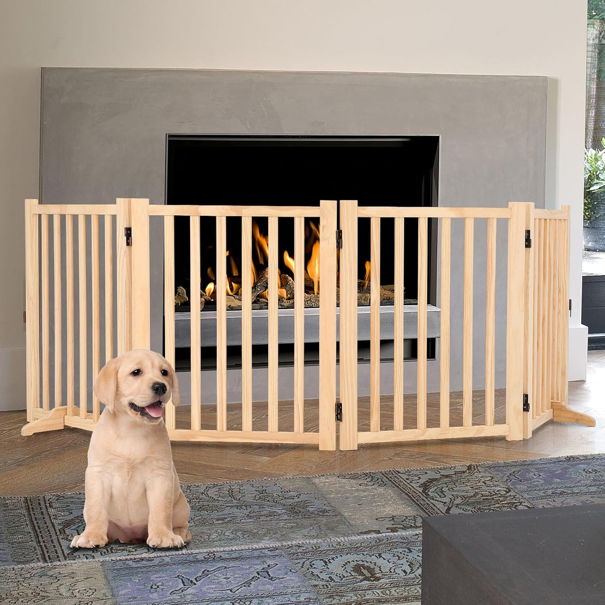 IDEALHOUSE Foldable Dog Gate,Wooden Pet Barrier,Freestanding Fence