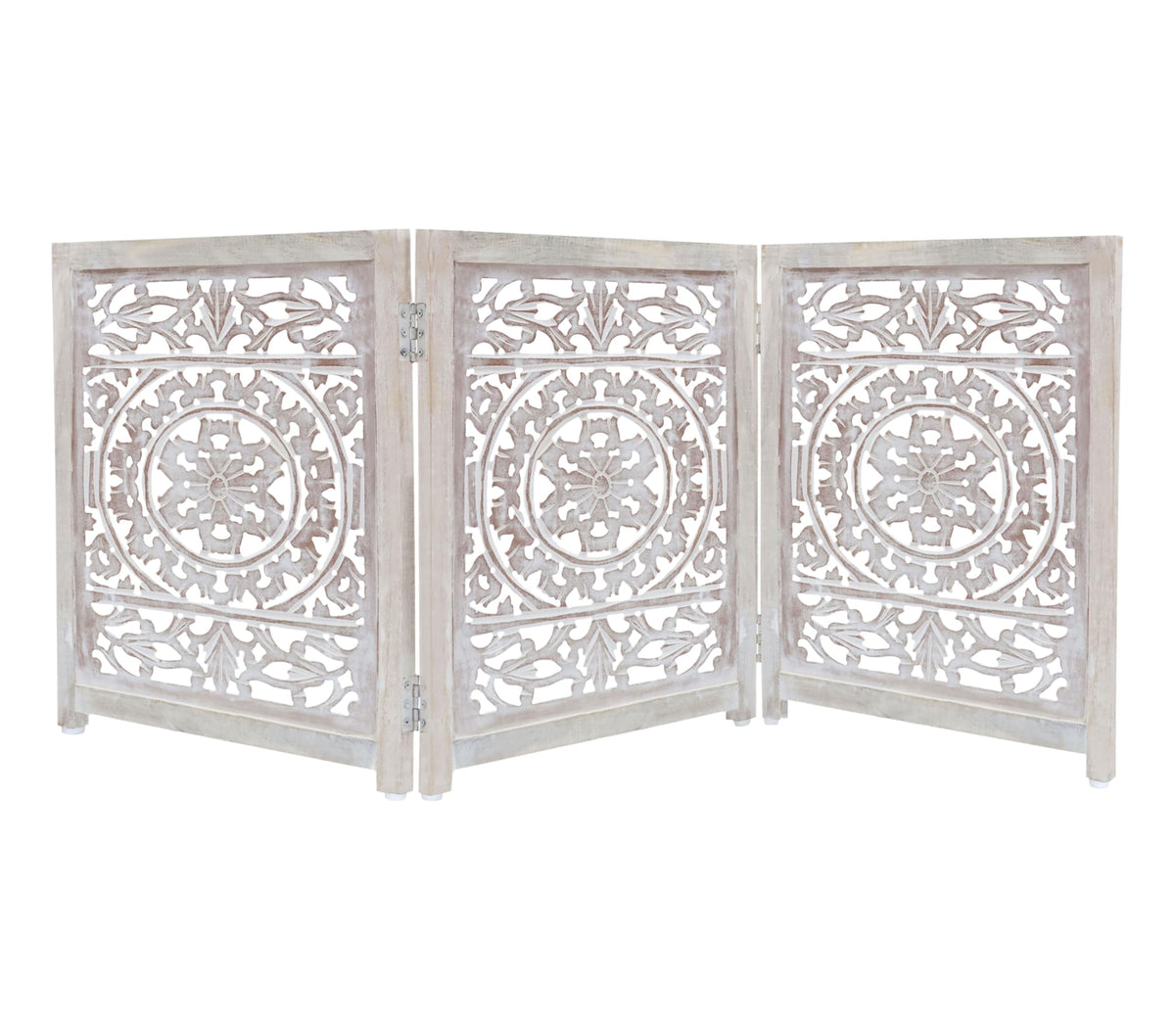 Wooden Foldable Pet Dog Gate - Hand Carved 3-Panel 60 W x 24 H