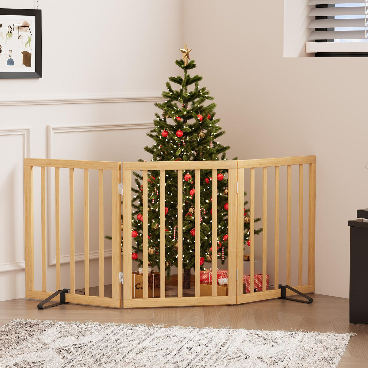 Dog Gates for Doorways, Tall Dog Gate Indoor, Foldable Pet Gates for Doorways Bedroom, Freestanding Puppy Gate with Metal Support Feet, Room Divider,3 Panels (Walnut)