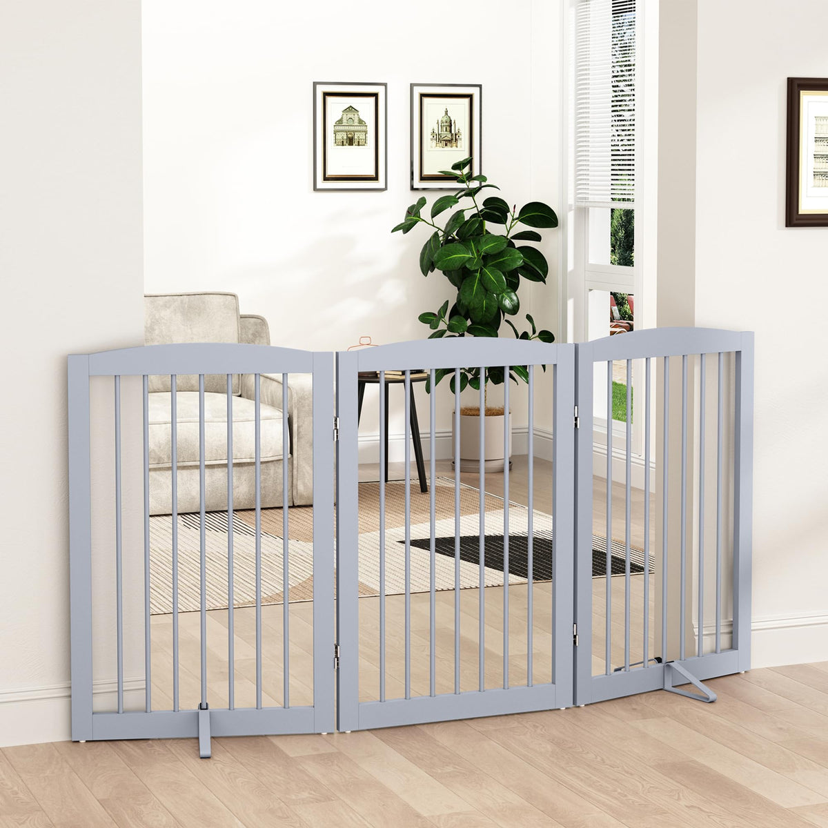 PUPETPO Freestanding Pet Gate for Dogs, Foldable Wooden Dog Gate for House, Indoor Pet Barrier for Stairs, Doorways, Support Feet Included, 24" Height 2 Panels, White