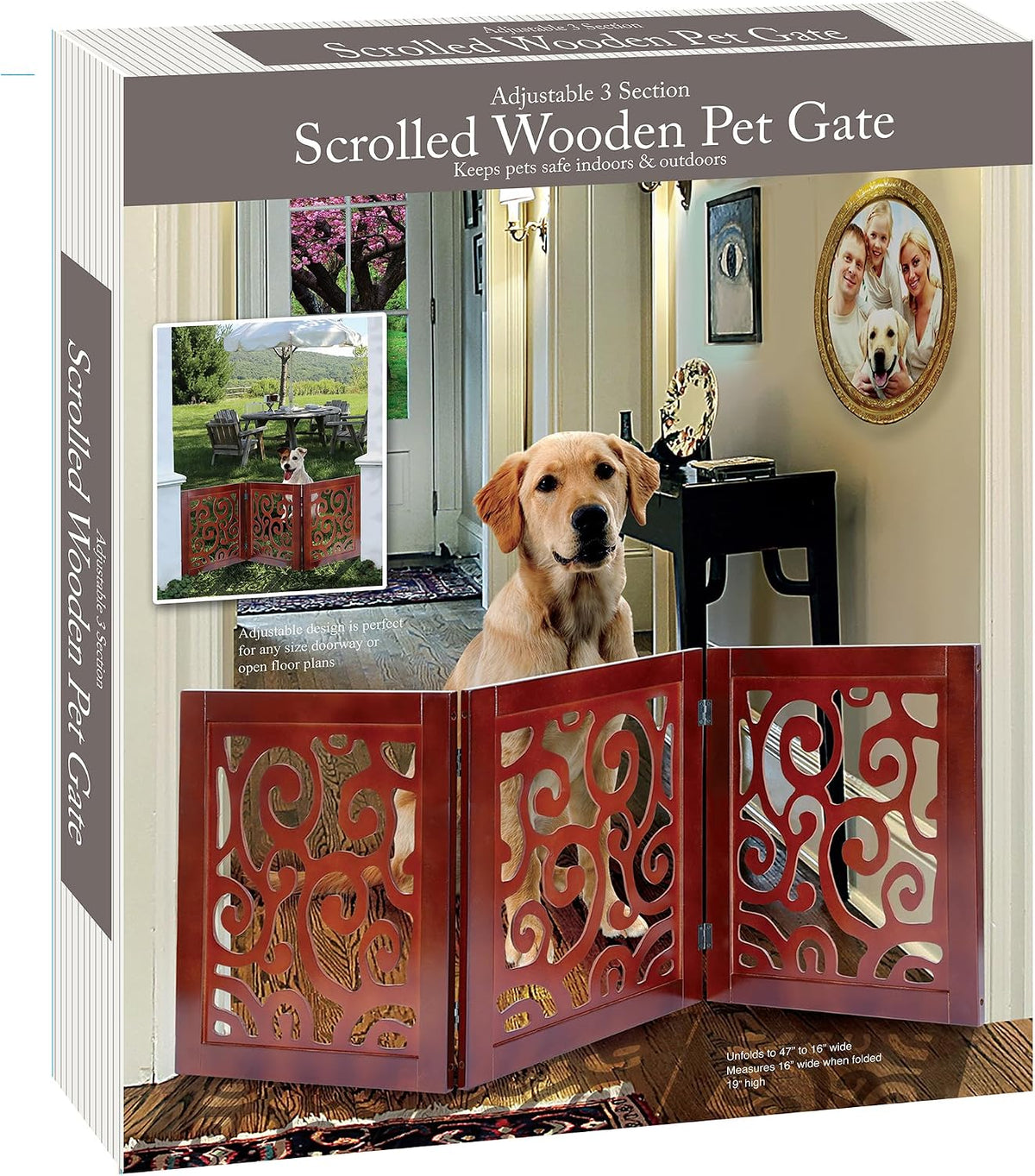 3-Section Adjustable and Scrolled Wooden Pet Gate by Etna